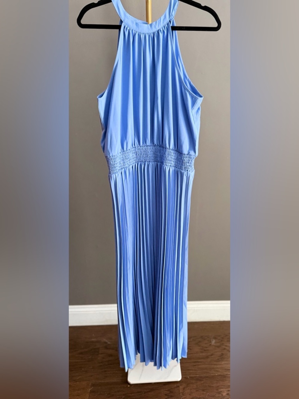 PrettyGarden Baby Blue Pleated Maxi Halter Dress Smocked Waist Flowing XL NWT